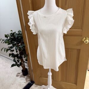 Anthropologie THML Women’s White Joselyn Top Small Ruffle‎ Cap Sleeves Stretch